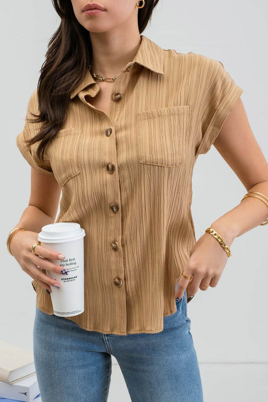 Khaki Crinkle Top with Rolled Sleeve