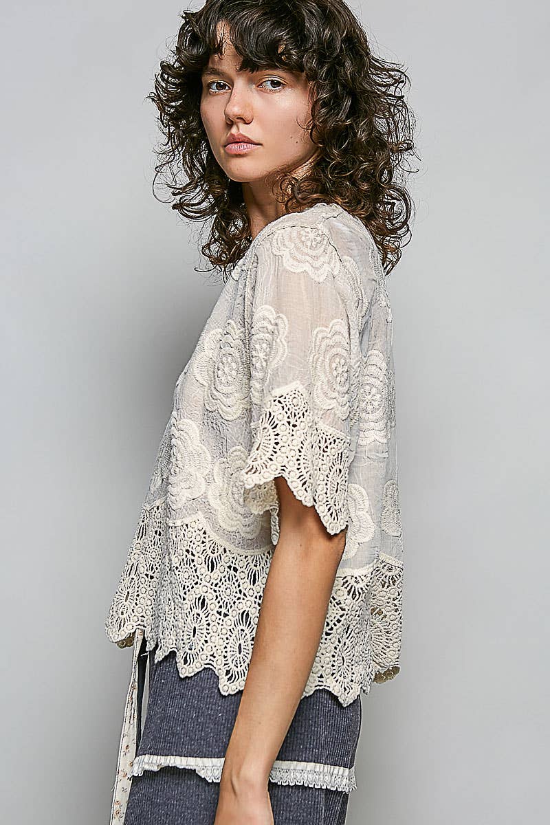 POL Crochet Trim Neckline Short Sleeve Top in Natural- One Size