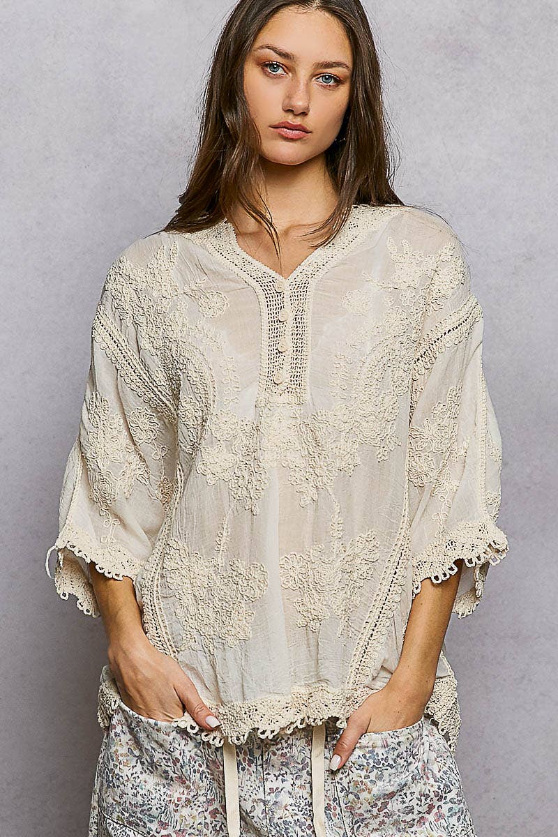 POL V-neck Short Sleeve Floral Embroidered Crochet Blouse- One Size