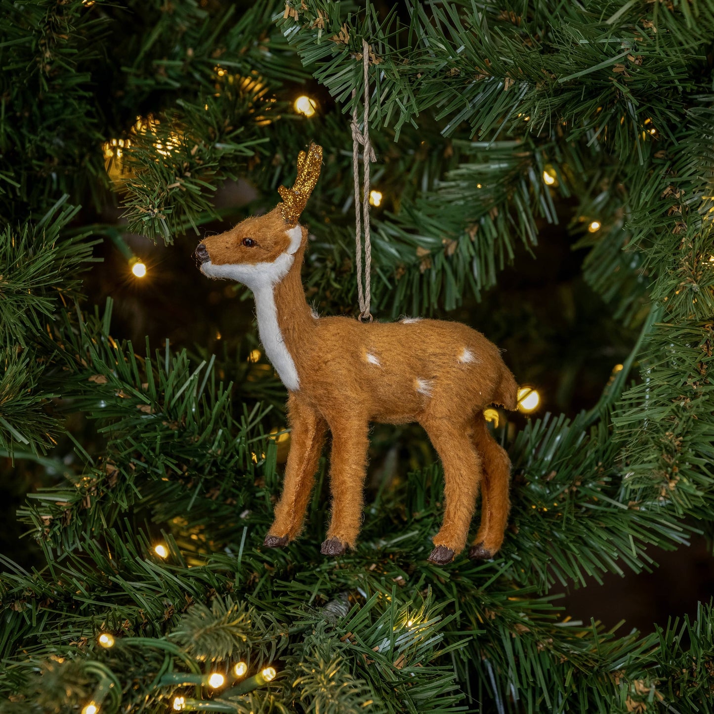 Faux Fur Deer with Gold Glittered Antlers Ornament