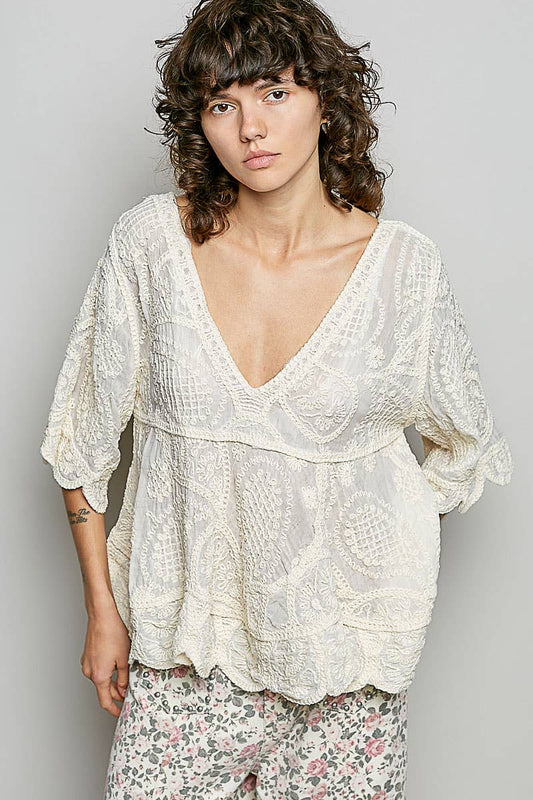 POL Short Sleeve V-neck Vintage Wash Crochet Top in Natural- One Size