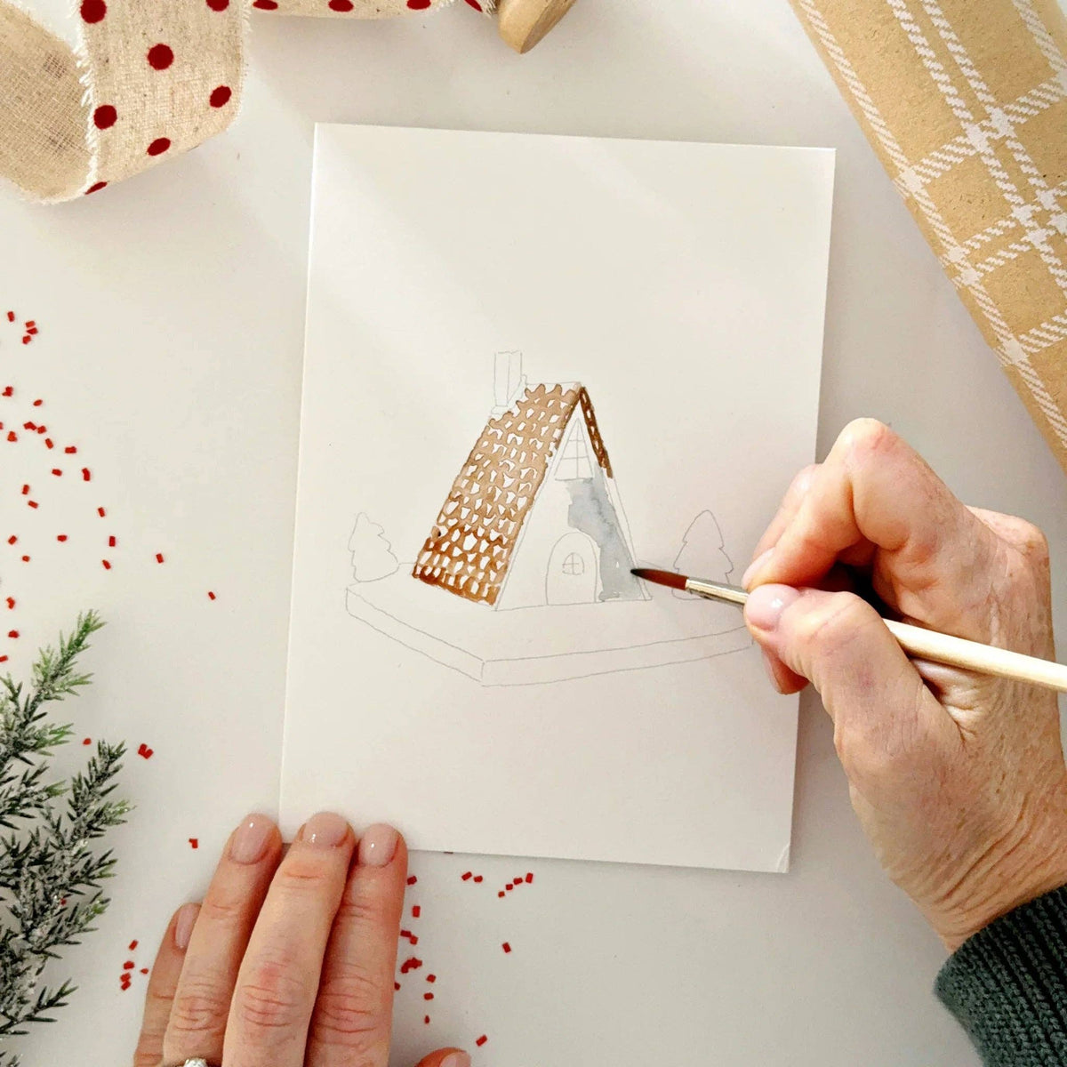 Gingerbread Paintable Watercolor Notecard Set of 8- Emily Lex Studio