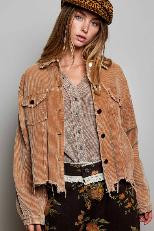 POL Pocket Front Button Down Corduroy Trucker Jacket