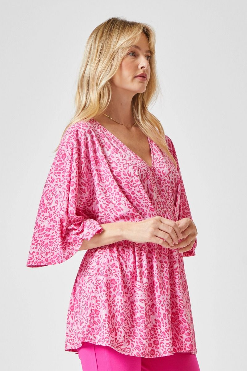 Dreamer Dolman Sleeve V Neck Top in Pink Animal Print