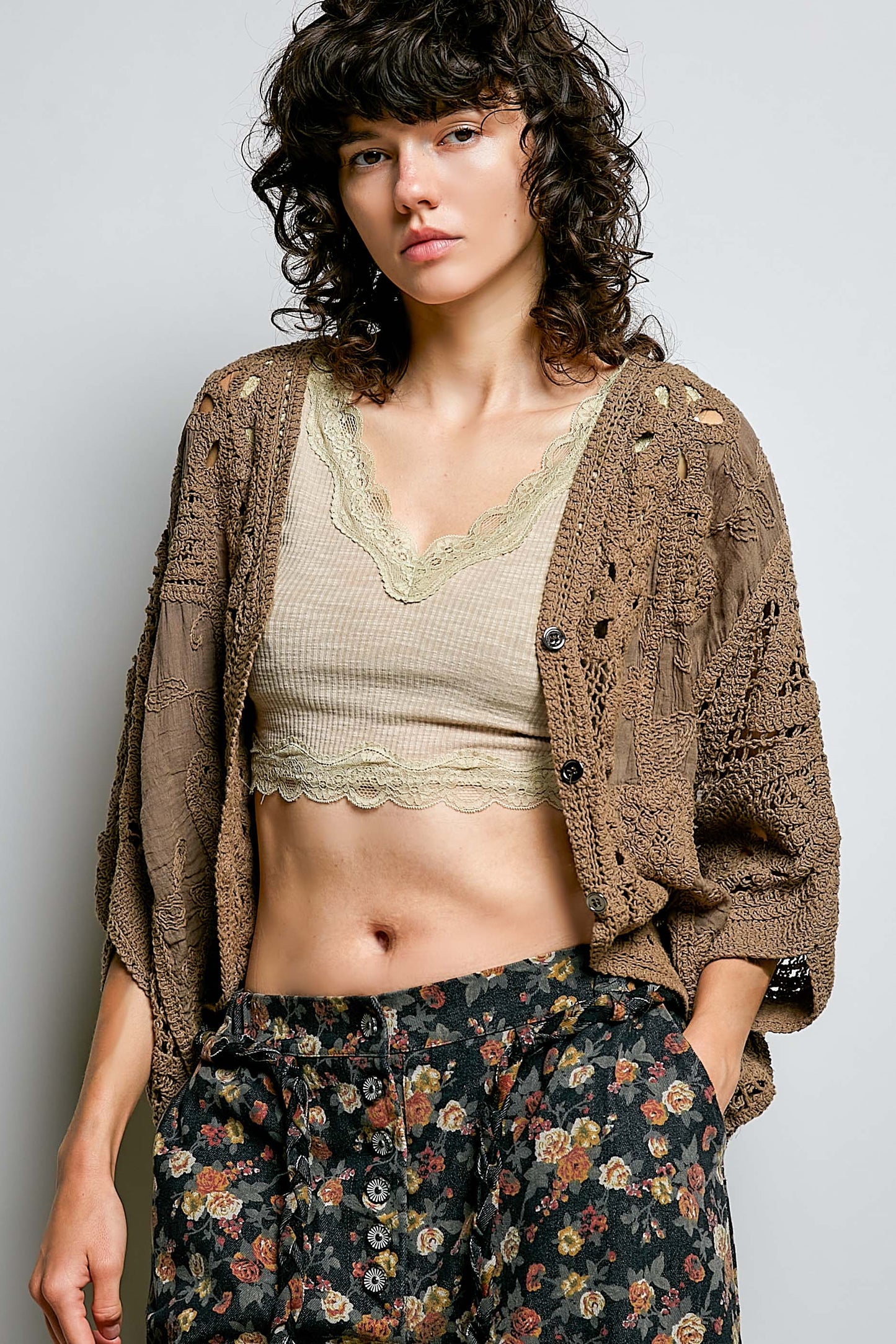 Cocoa POL Batwing Sleeve Button Down Solid Crochet Cardigan