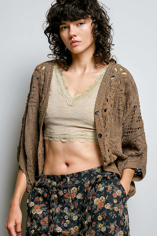 Cocoa POL Batwing Sleeve Button Down Solid Crochet Cardigan