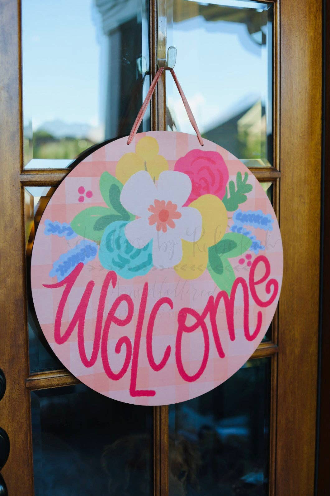 Welcome Pink Plaid Doorhanger