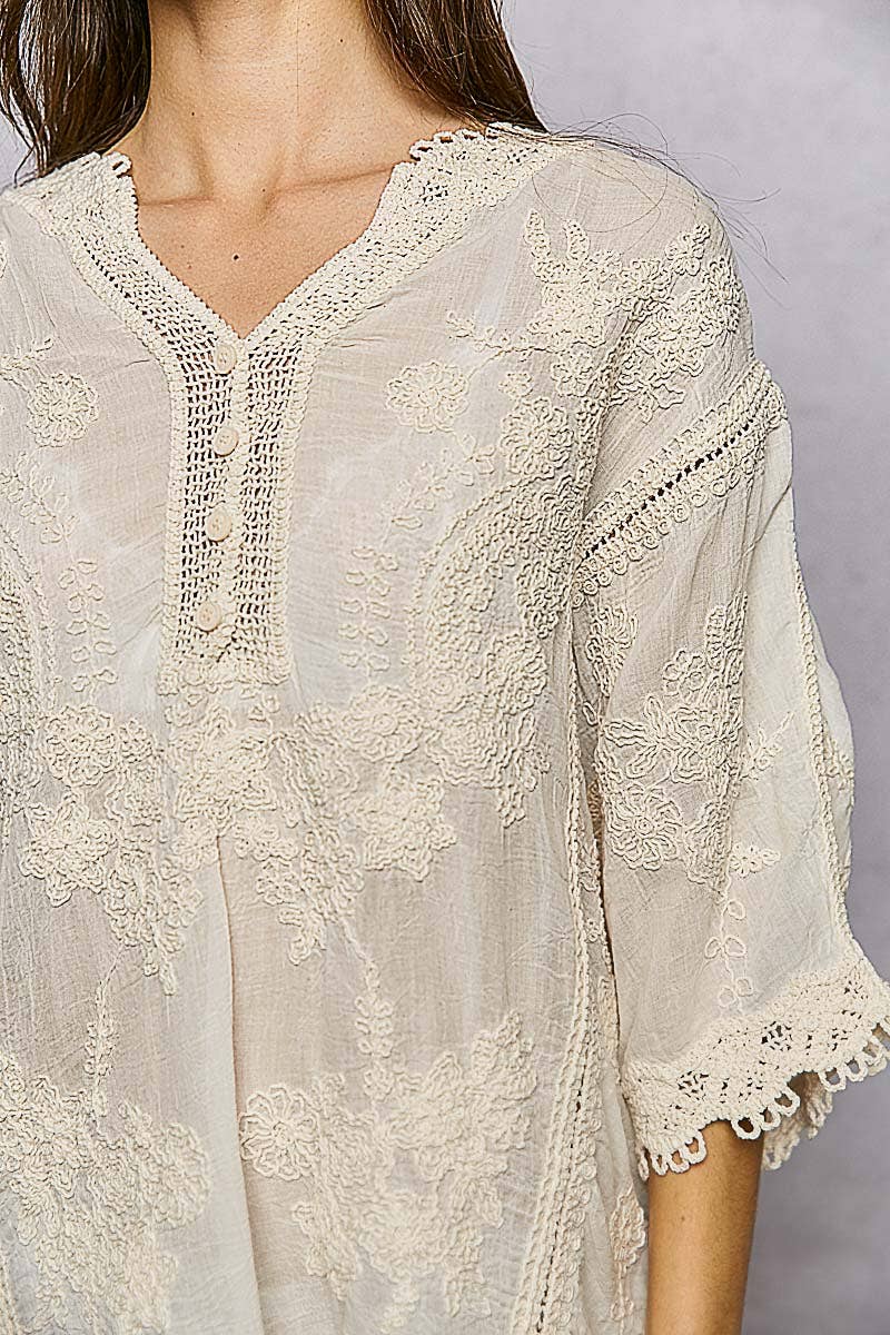 POL V-neck Short Sleeve Floral Embroidered Crochet Blouse- One Size