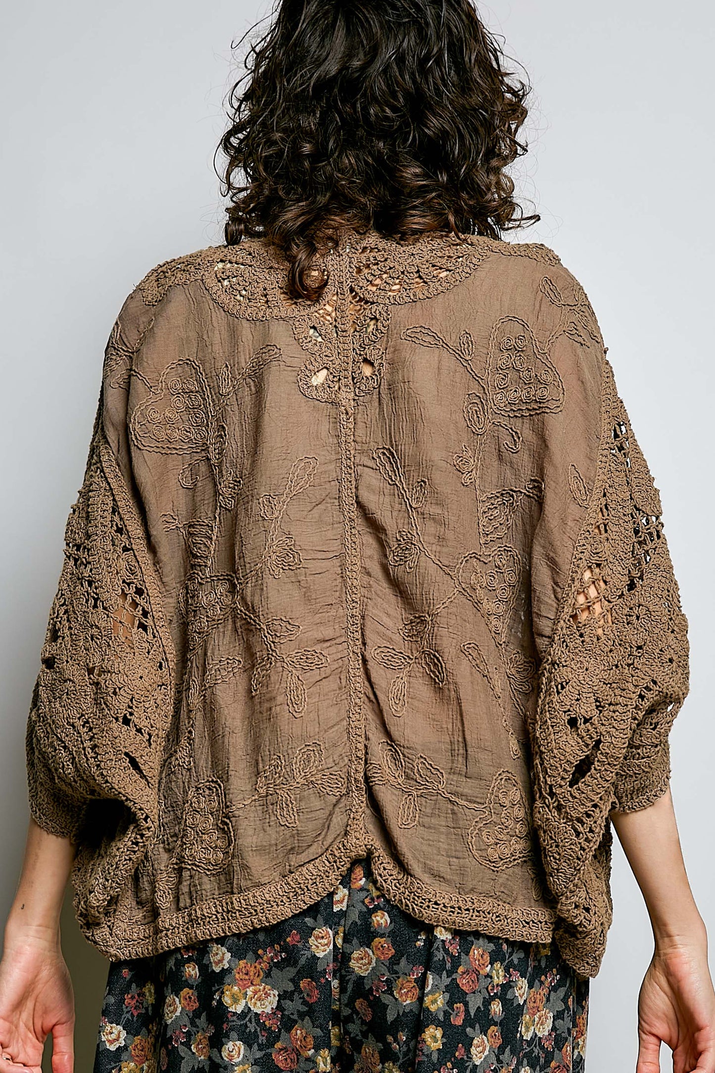 Cocoa POL Batwing Sleeve Button Down Solid Crochet Cardigan