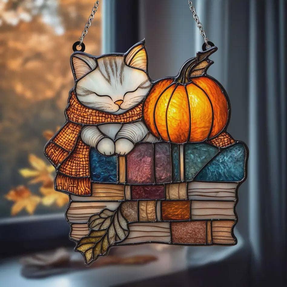 Autumn Cat with Fall Pumpkin Acrylic Window Hanging: 10x10"