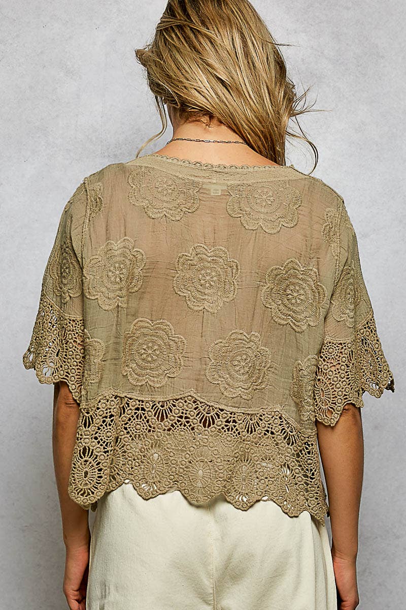 POL Crochet Trim Neckline Short Sleeve Top in Taupe- One Size