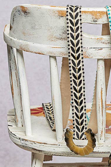 POL Boho Leaf Embroidered Buckle Belt: Black & Ivory- One Size