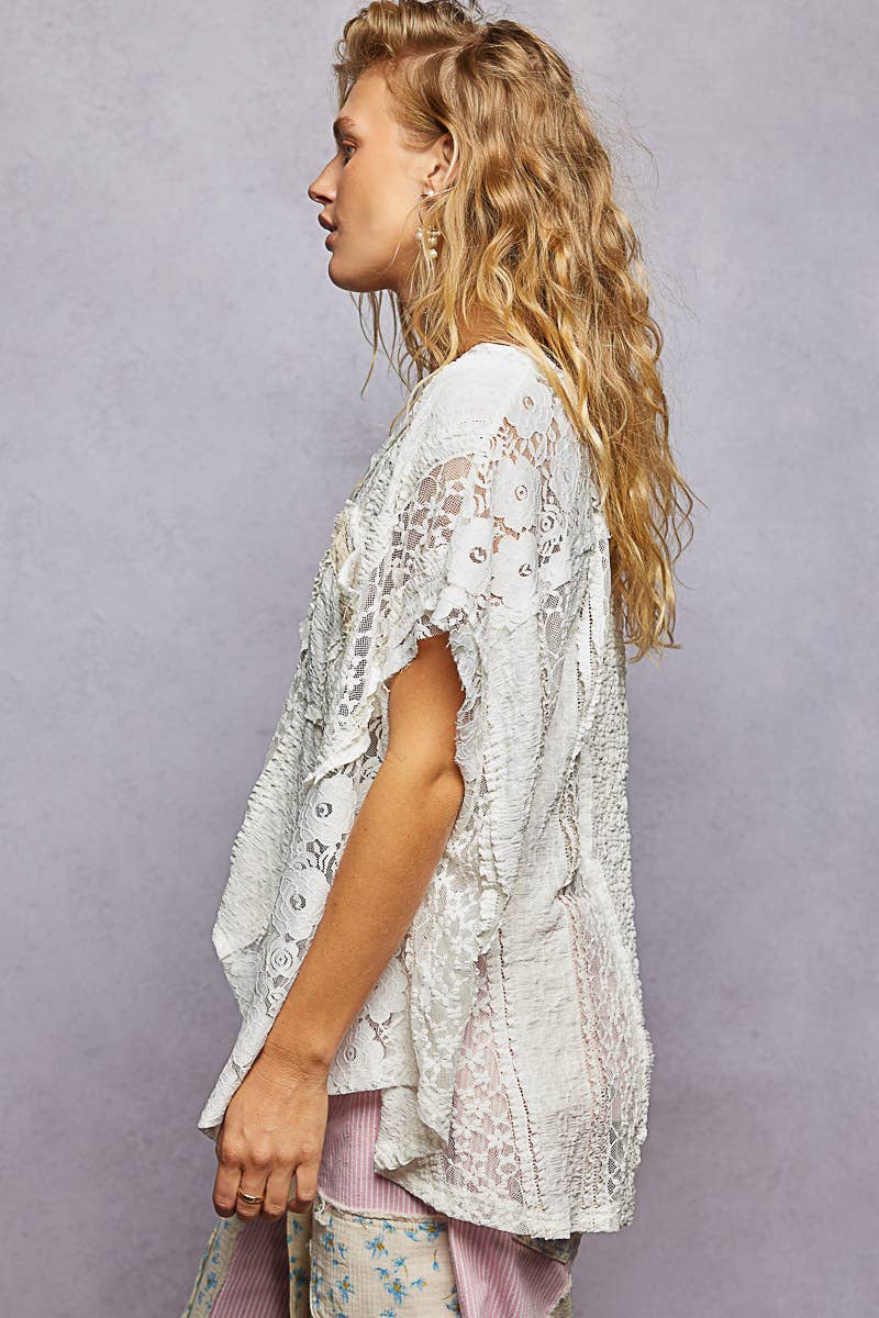 POL Patchwork Lace Oversized V-Neck Raw Edge Top in Natural