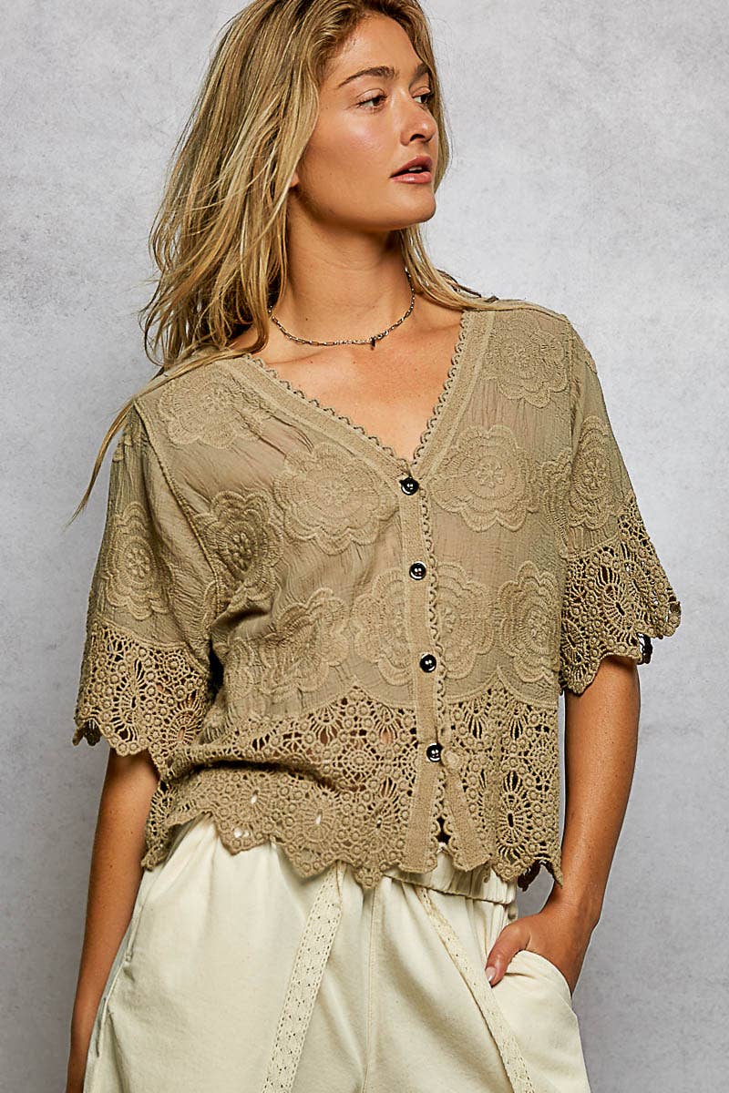 POL Crochet Trim Neckline Short Sleeve Top in Taupe- One Size