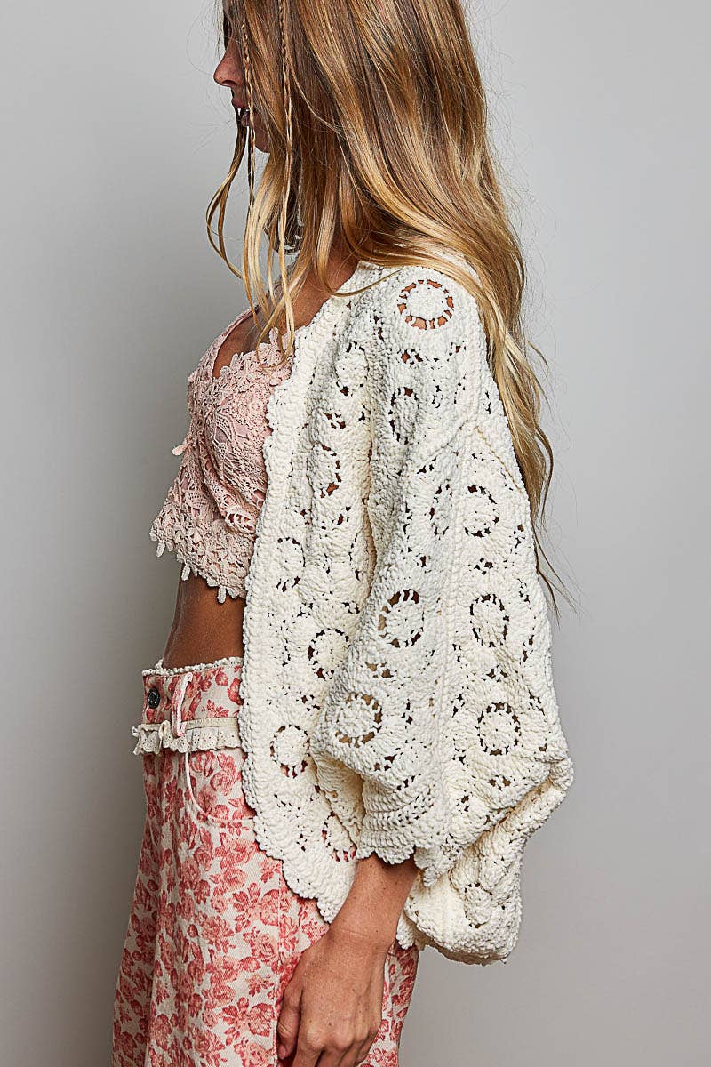 POL Cream Long Sleeve V Neck Floral Pattern Crochet Chenille Cardigan: One Size