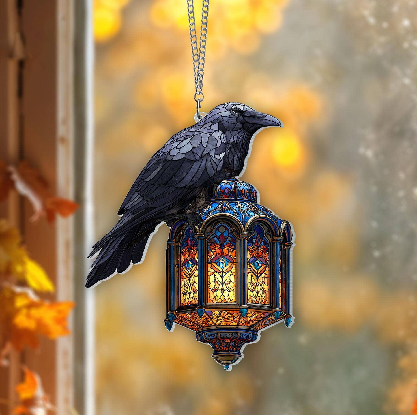 Halloween Gothic Raven On Lantern Acrylic Window Hanging: 10x10"