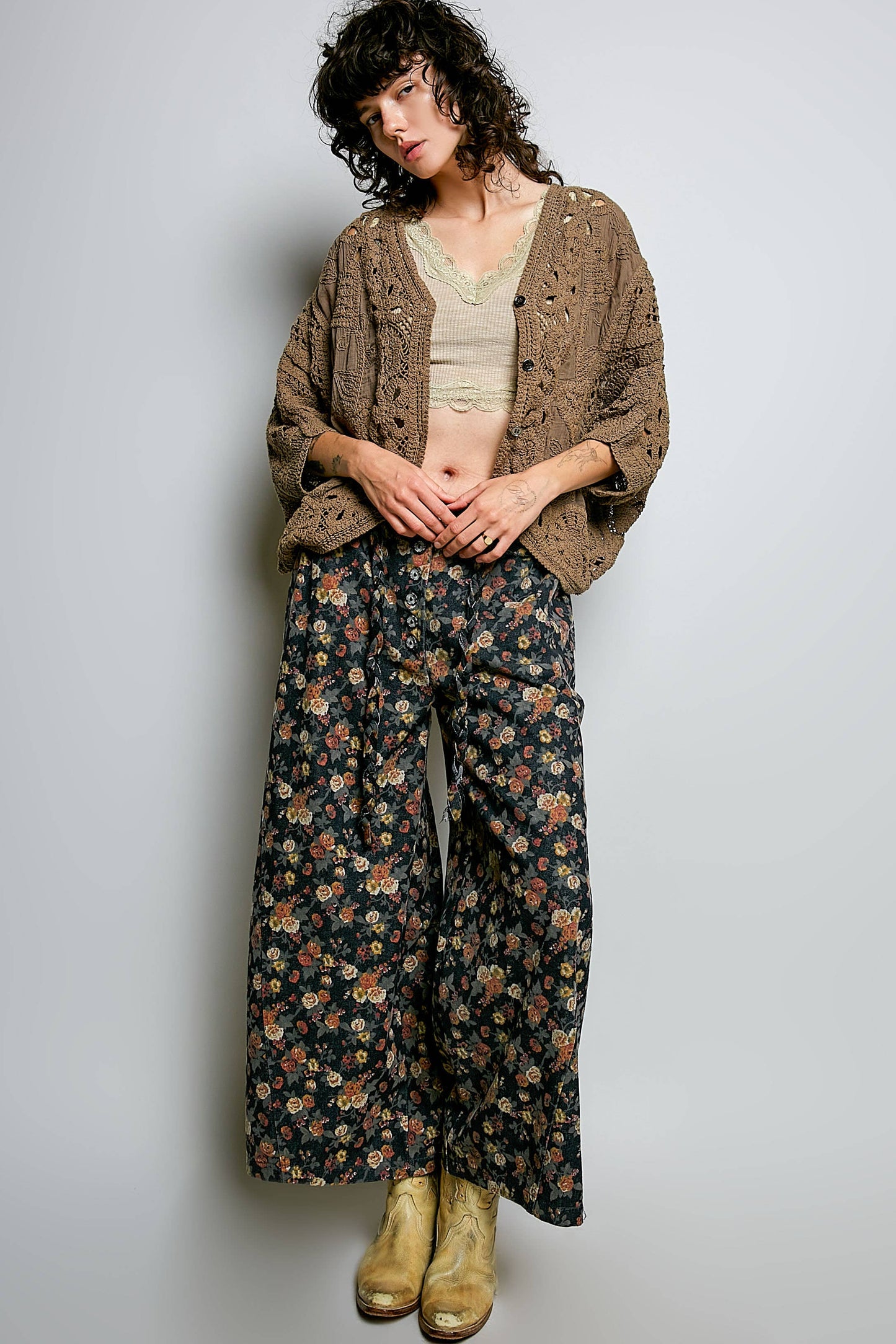 Cocoa POL Batwing Sleeve Button Down Solid Crochet Cardigan