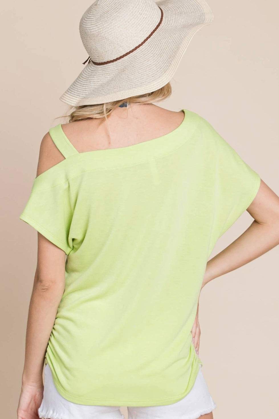 $10 SALE!  Lime Green One Shoulder Top with Side Ruching and Dolman Sleeve