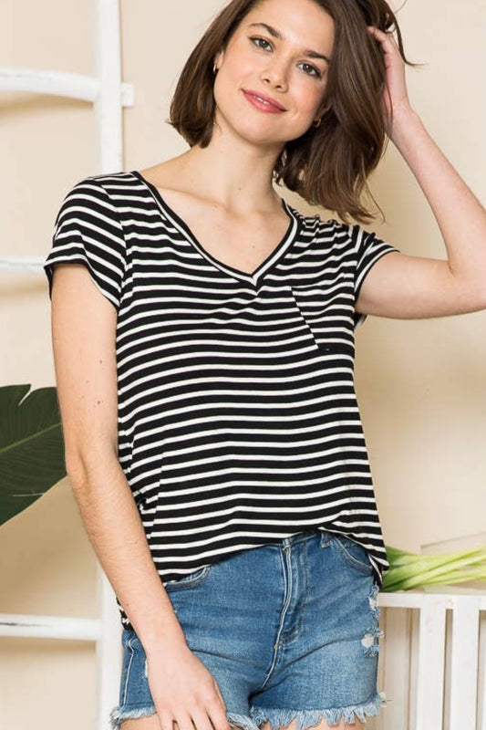 V Neck Black Short Sleeve Tee with White Stripes