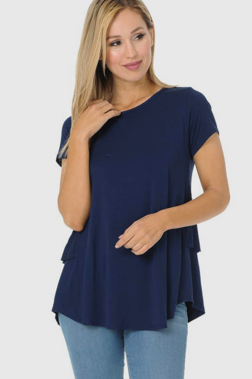 Round Neck Navy Short Sleeve Stretchy Tee with Back Ruffle