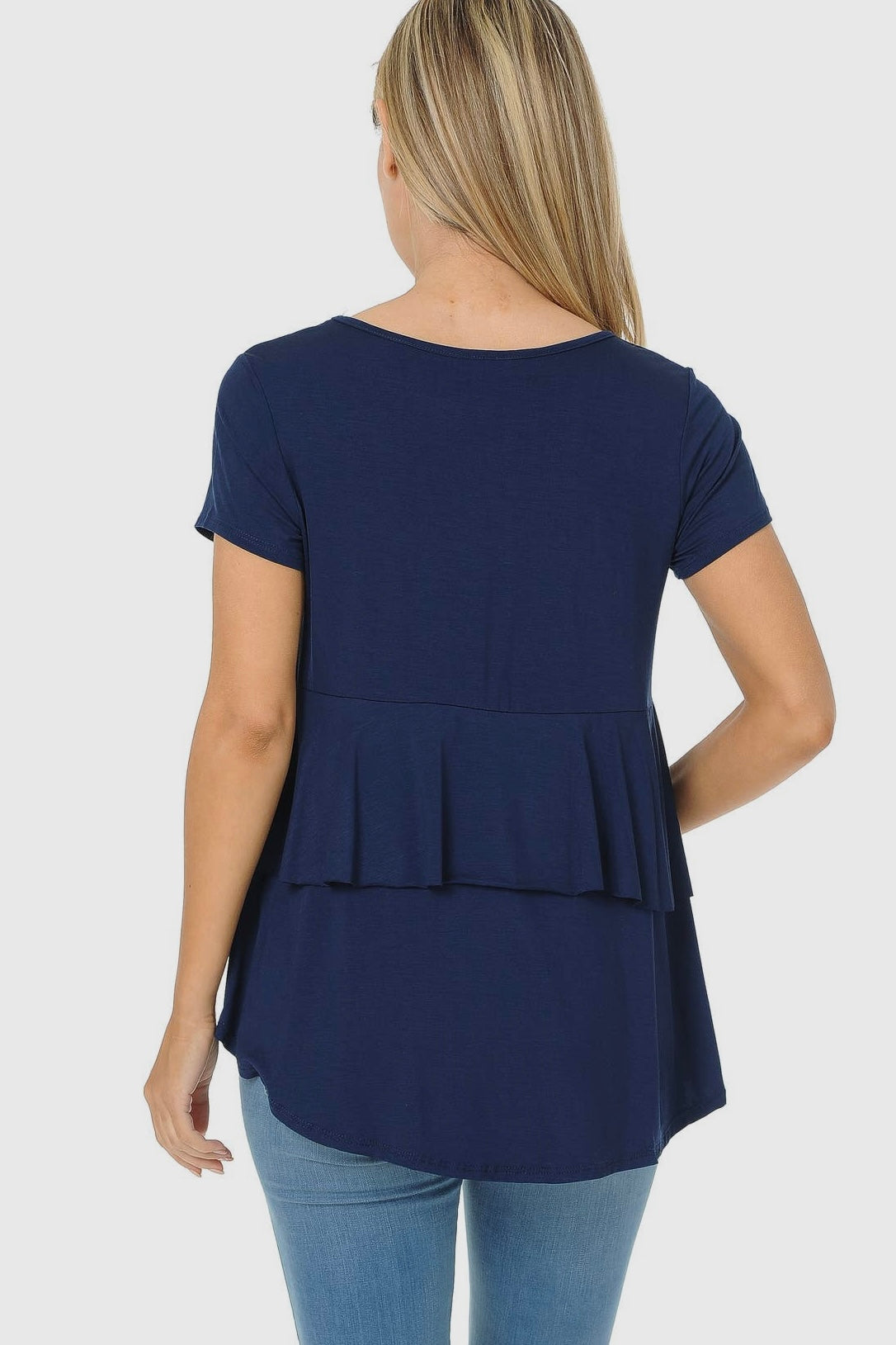 Round Neck Navy Short Sleeve Stretchy Tee with Back Ruffle