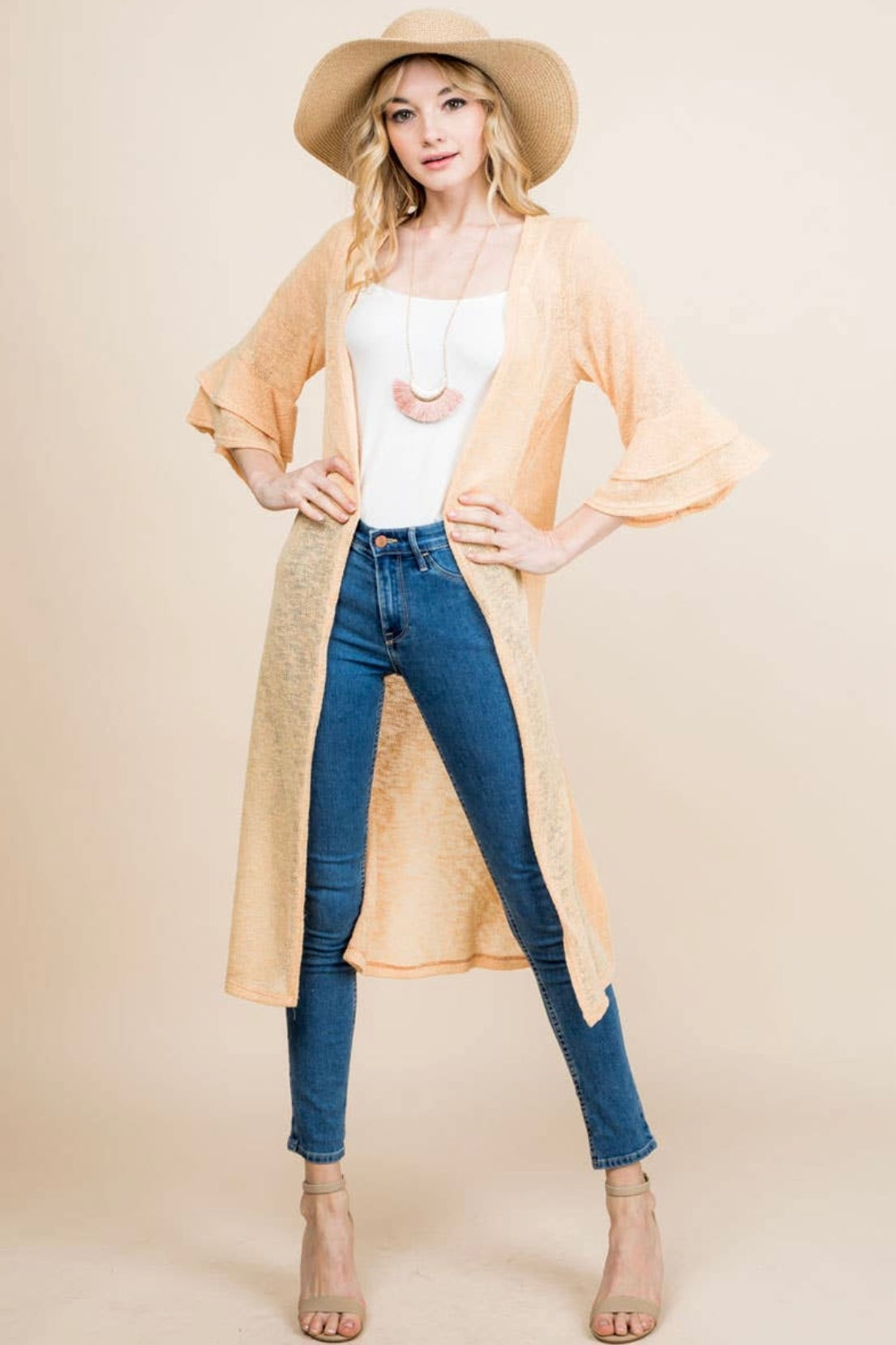 $10 SALE! Orange Longline Cardigan with Double Ruffle Sleeve