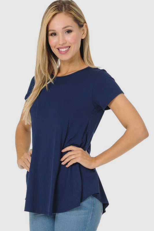 Round Neck Navy Short Sleeve Stretchy Tee with Back Ruffle