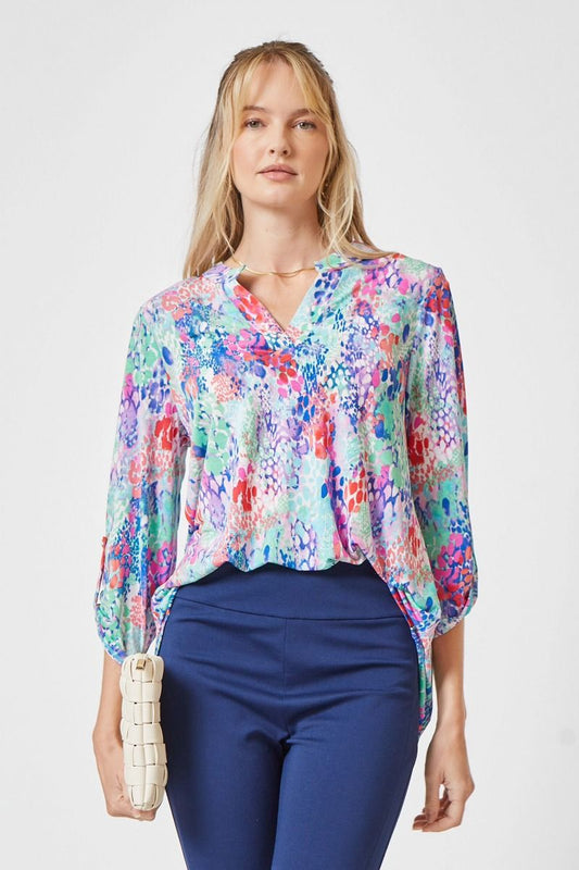 Lizzy 3/4 Sleeve Top in Teal Multi Watercolor Print