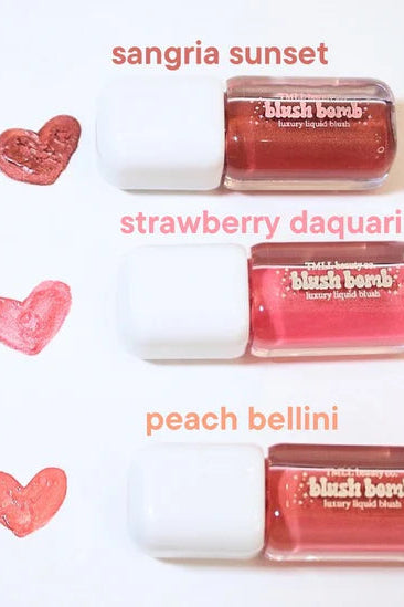 Three bottles of blush bombs with names and color swatches on a white background