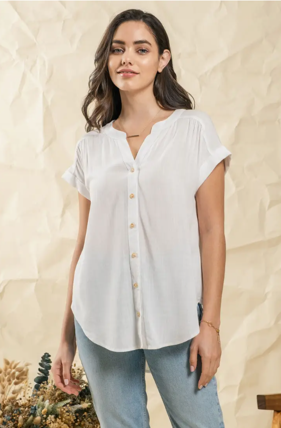 White Woven Top with Ruched Shoulder and Cuffed Sleeves