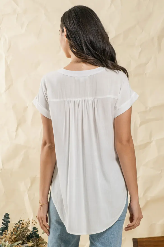 White Woven Top with Ruched Shoulder and Cuffed Sleeves