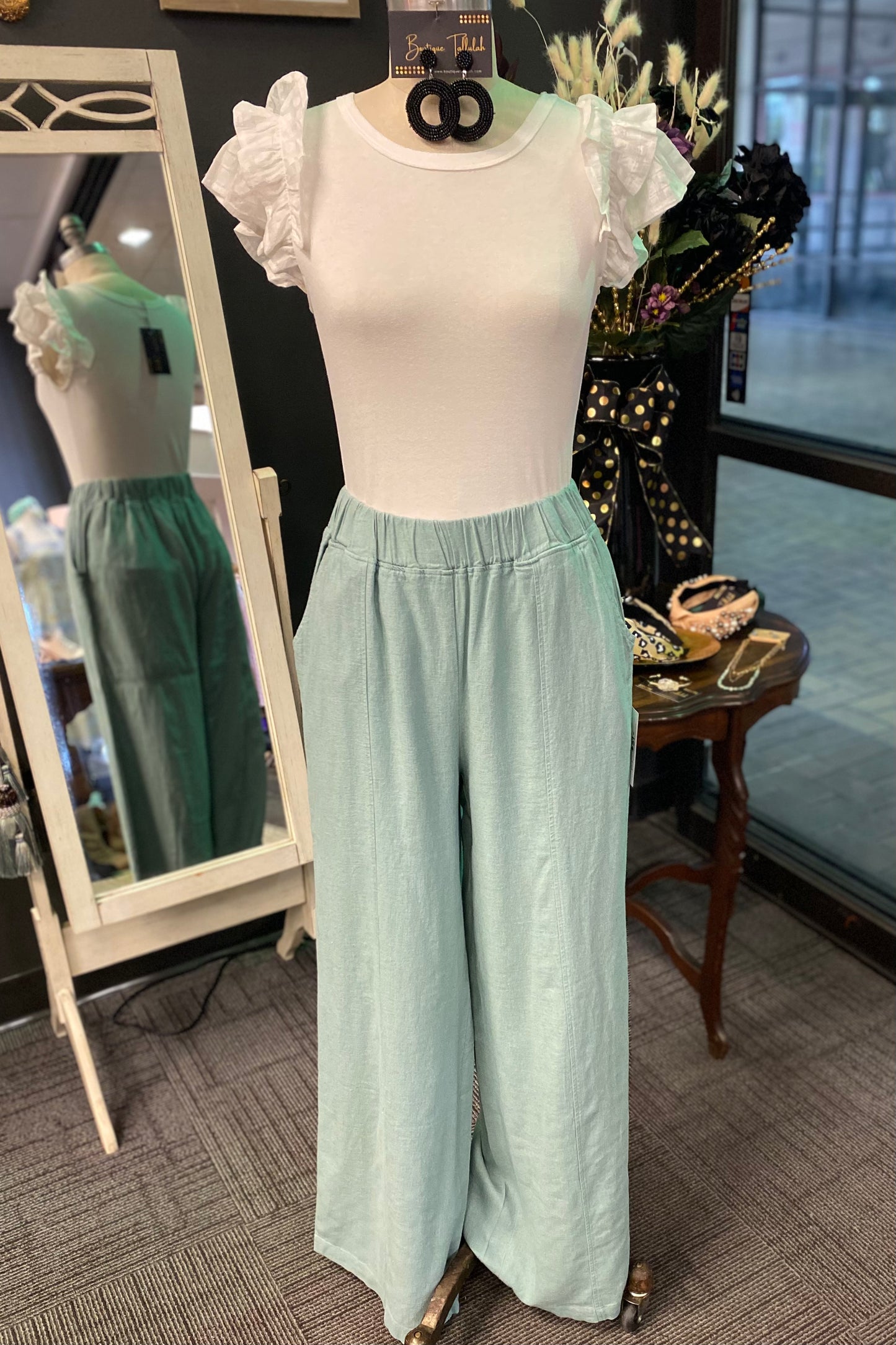 Plus Dusty Green Wide Leg Linen Pant