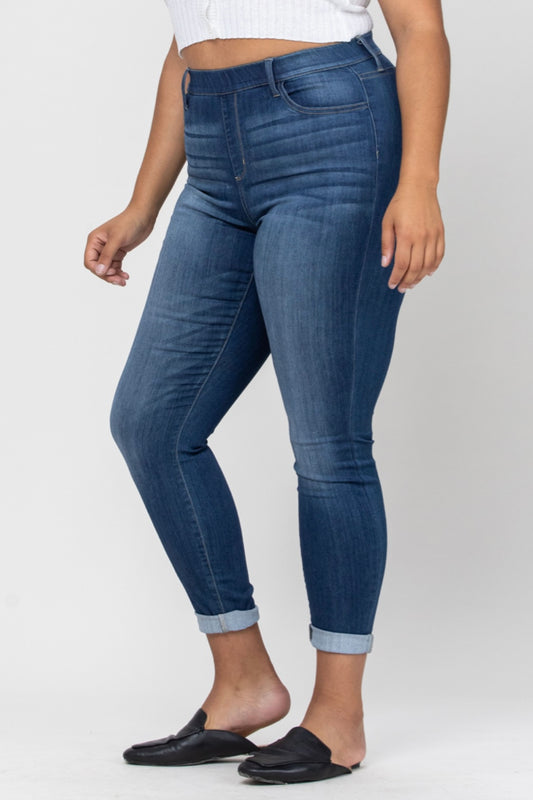 Cello Plus Dark Denim Mid Rise Pull On Cropped Skinny with Rolled Hem