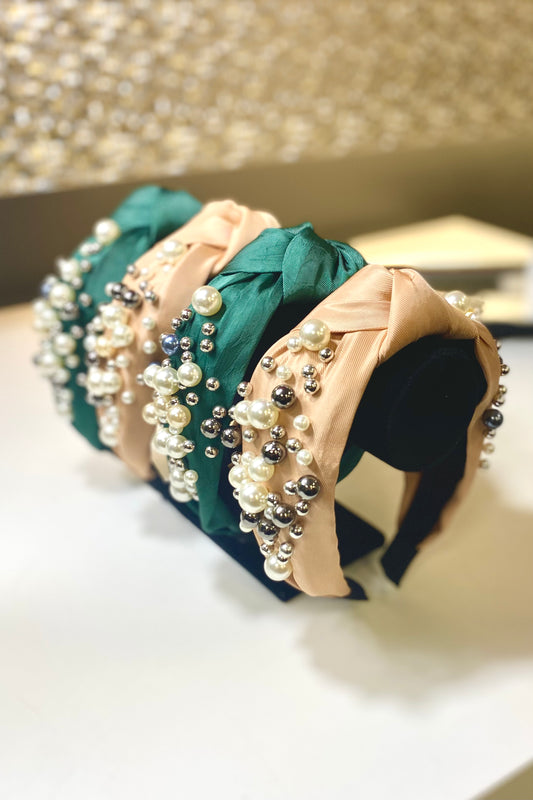 Pearl Embellished Top-Knot Headband in Emerald or Peach