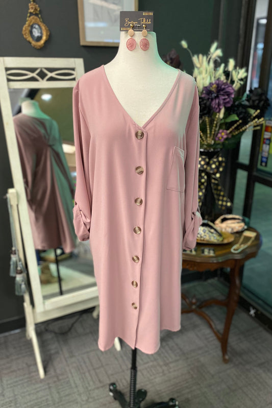 SALE! $15 Plus Dusty Rose Button Front Long Tunic with 3/4 Sleeve- reg. $36.99