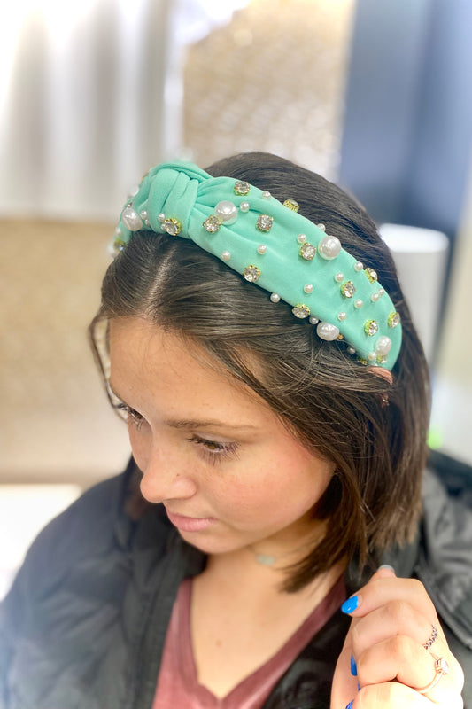 Mint Green Top Knot Headband with Rhinestones and Pearls