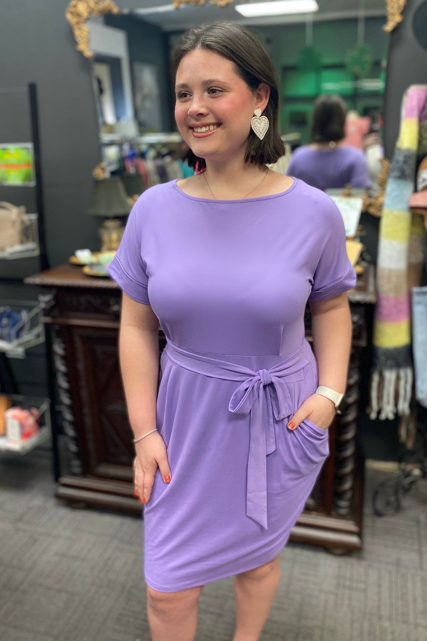 Plus Size Lavender Short Sleeve Self Belted Dress with Pockets