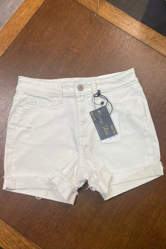 White Denim Raw Hem Cuffed Shorts