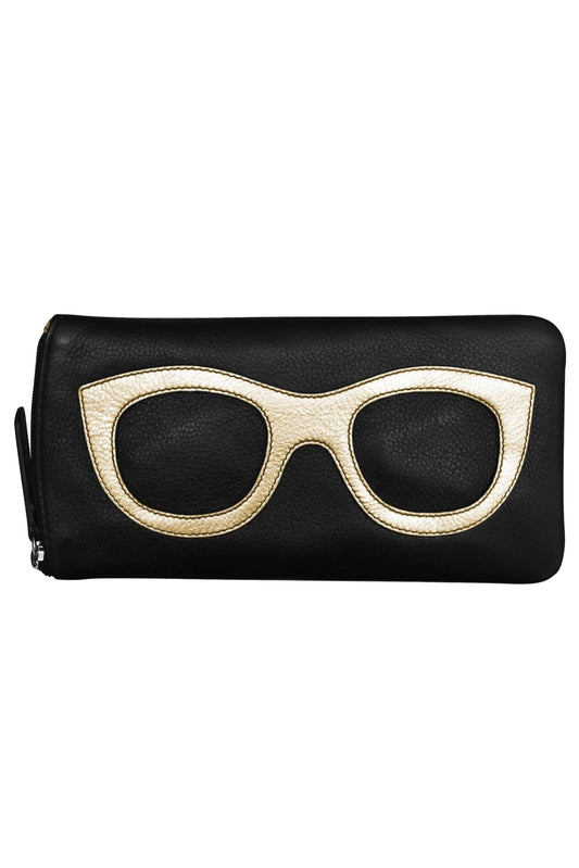 ili New York Leather Eyeglass Case with Frame Graphic in Black/Light Gold