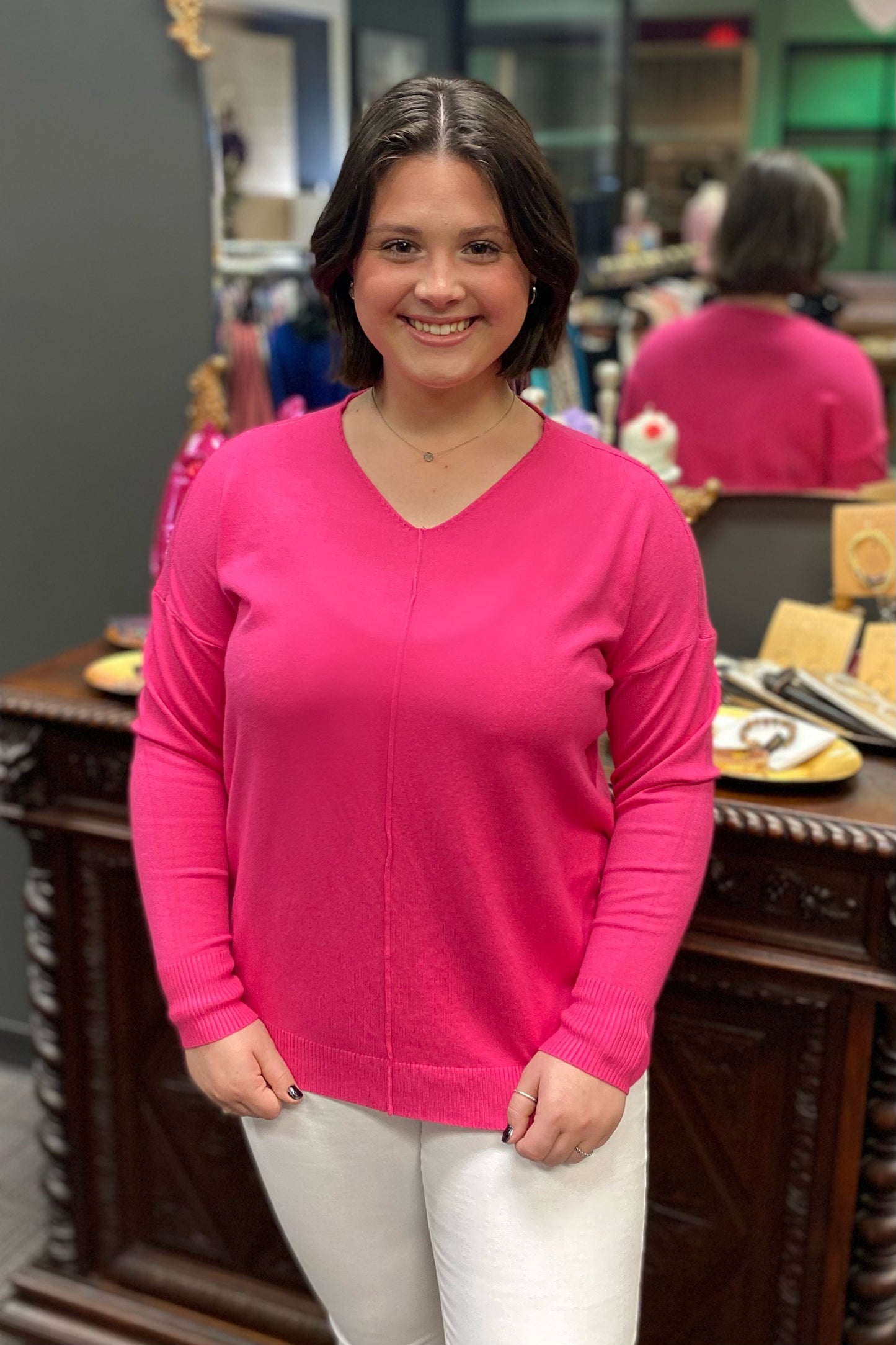 V Neck Sweater in Hot Pink