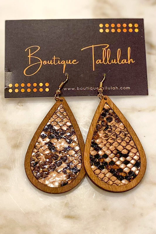 Wood Teardrop Dangle Earrings with Faux Snake Accent