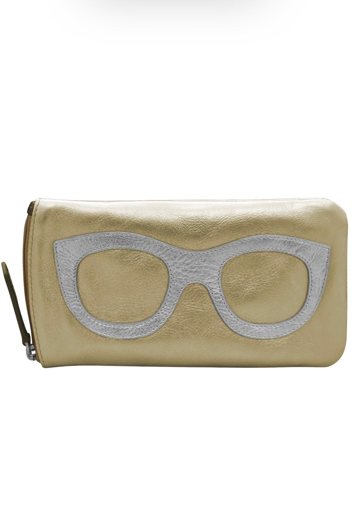 ili New York Leather Eyeglass Case with Frame Graphic in Light Gold/Silver/Bronze