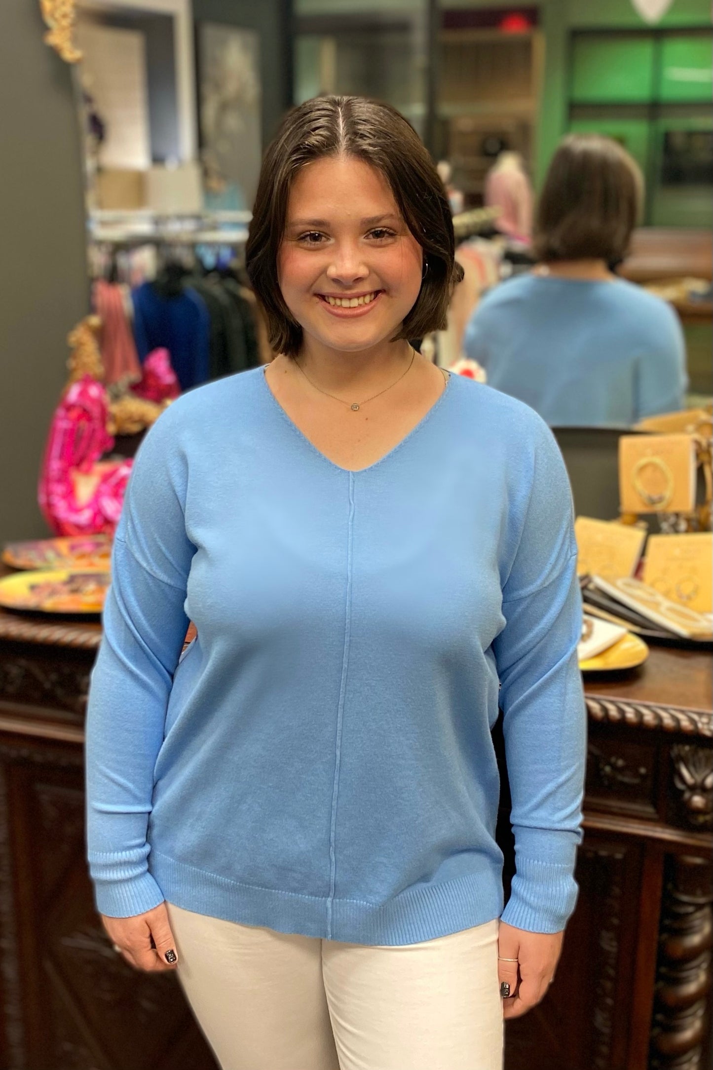 $15 SALE! V Neck Sweater in Spring Blue