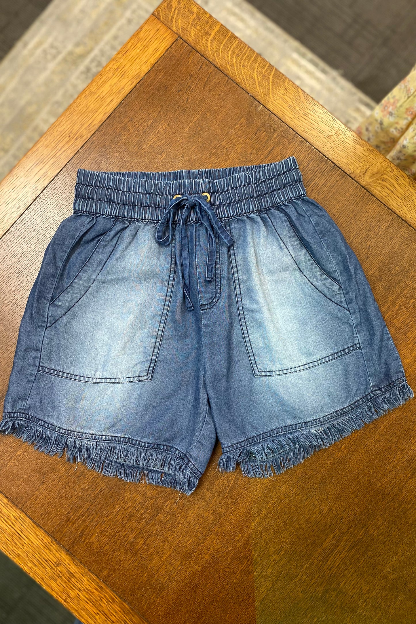 $12 SALE! Dark Chambray Denim Plus Shorts with Frayed Hem reg. $31