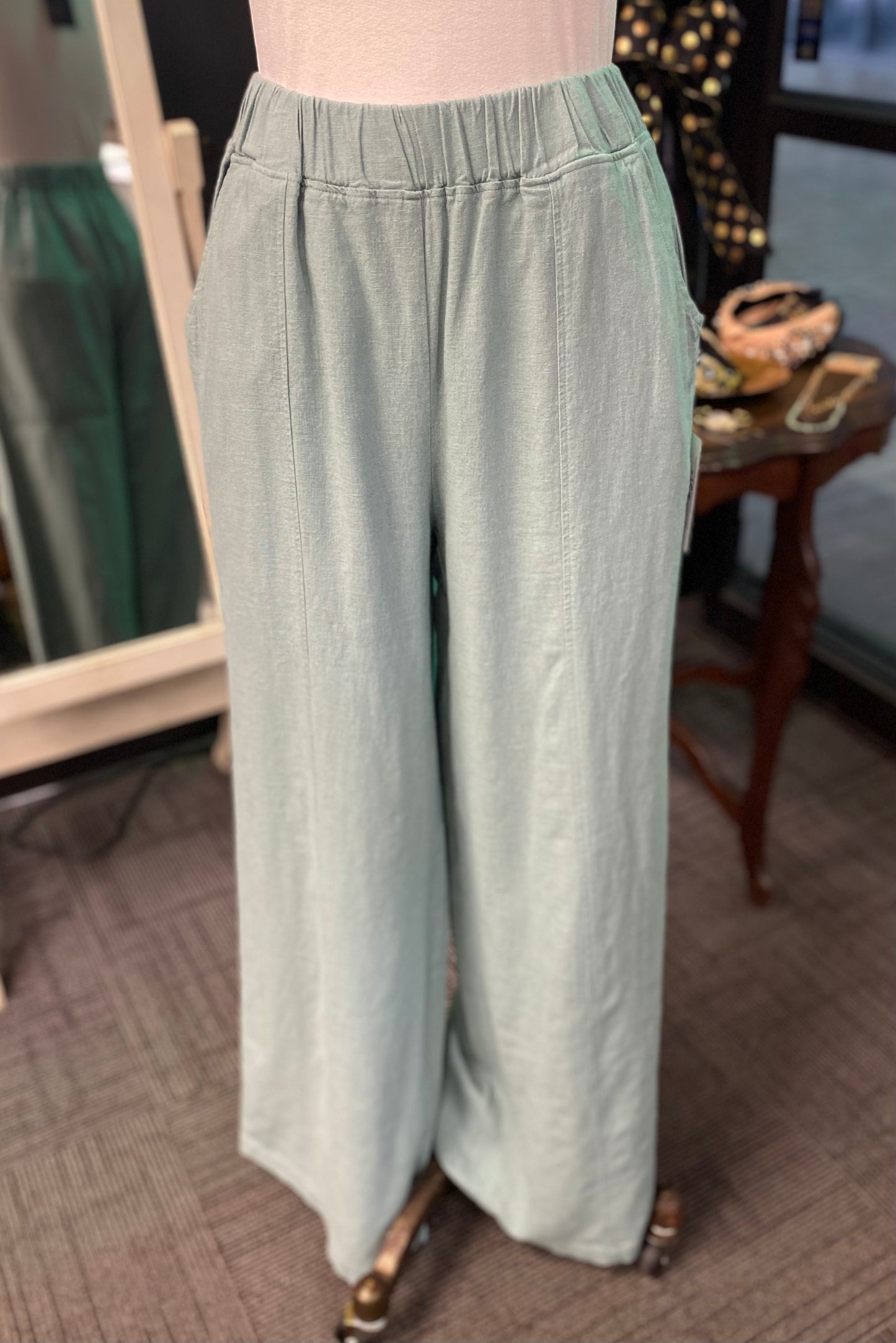 Plus Dusty Green Wide Leg Linen Pant