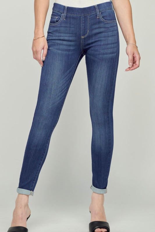 Cello Medium Denim Mid Rise Pull On Cropped Skinny with Rolled Hem